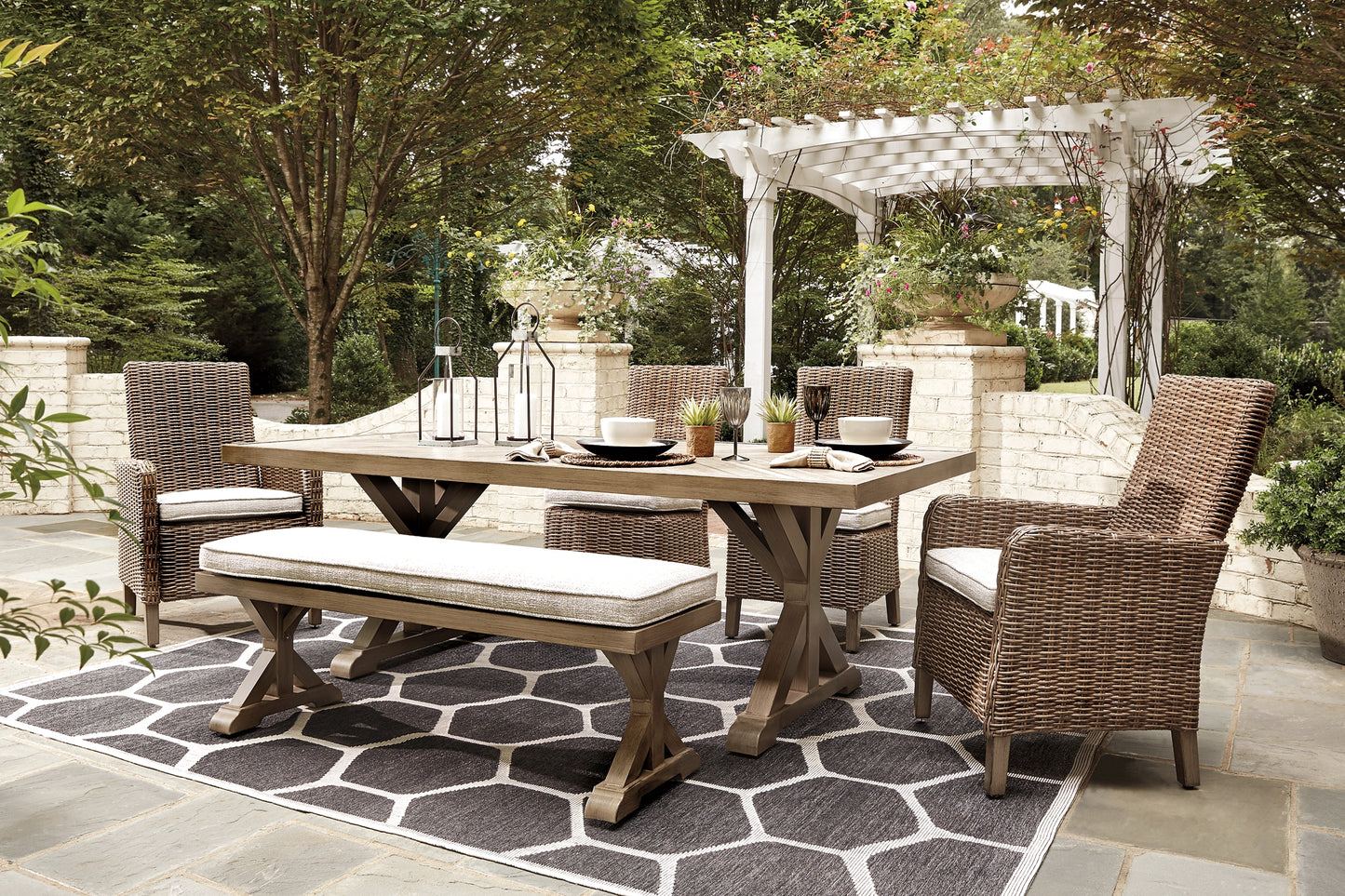 Beachcroft Outdoor Dining Table and 4 Chairs and Bench