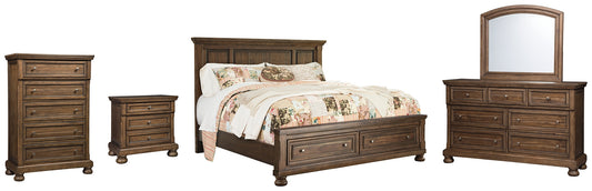 Flynnter  Panel Bed With 2 Storage Drawers With Mirrored Dresser, Chest And Nightstand