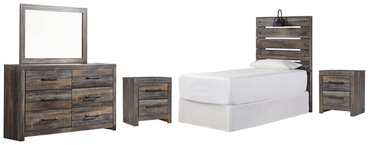 Drystan  Panel Headboard With Mirrored Dresser And 2 Nightstands