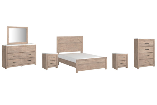 Senniberg  Panel Bed With Mirrored Dresser, Chest And 2 Nightstands