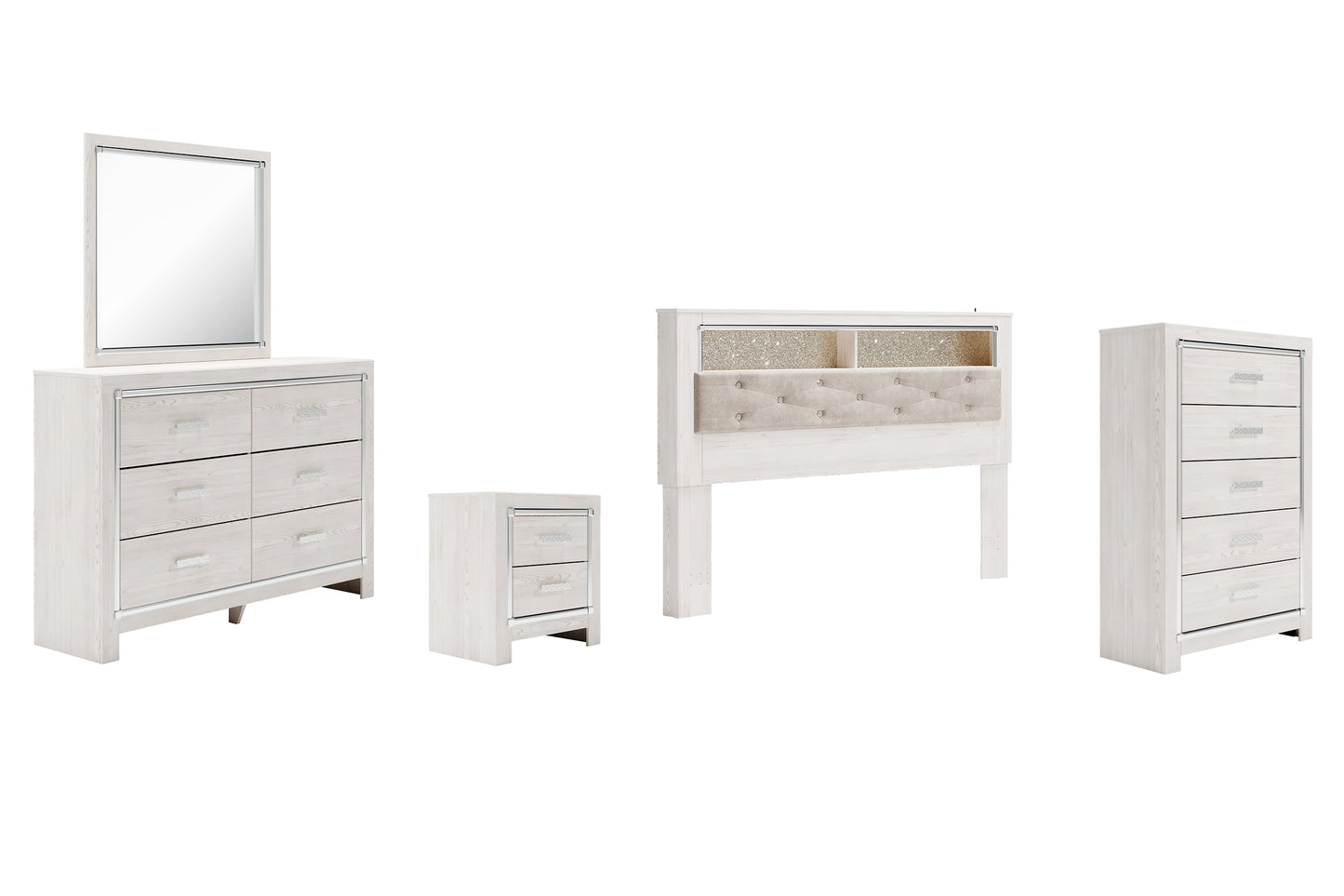 Altyra  Bookcase Headboard With Mirrored Dresser, Chest And Nightstand