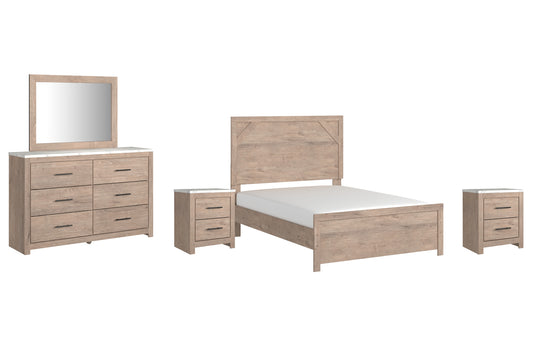 Senniberg  Panel Bed With Mirrored Dresser And 2 Nightstands