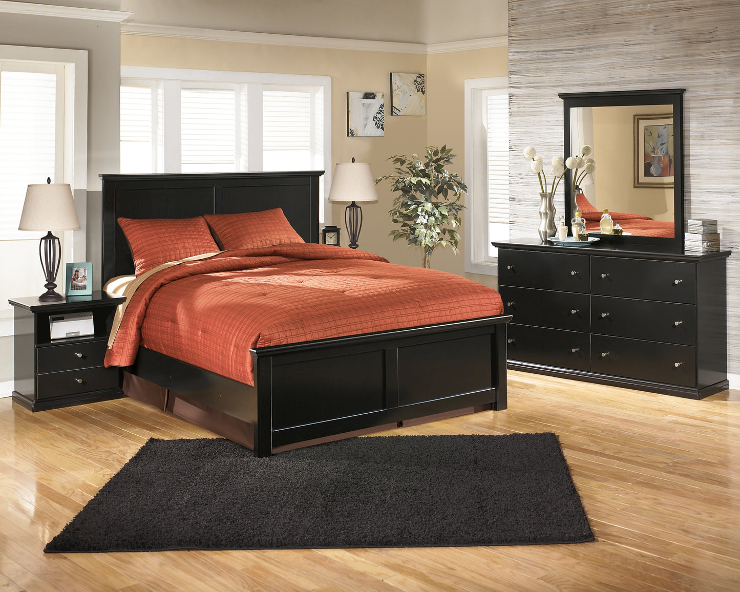 Maribel  Panel Bed With Mirrored Dresser And Nightstand