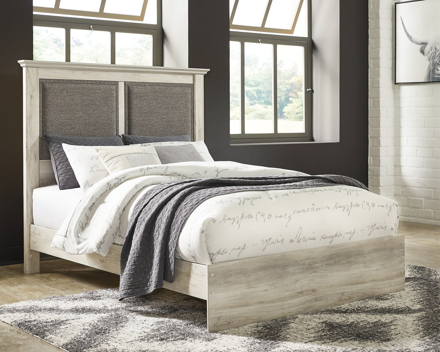 Cambeck  Upholstered Panel Bed With Mirrored Dresser