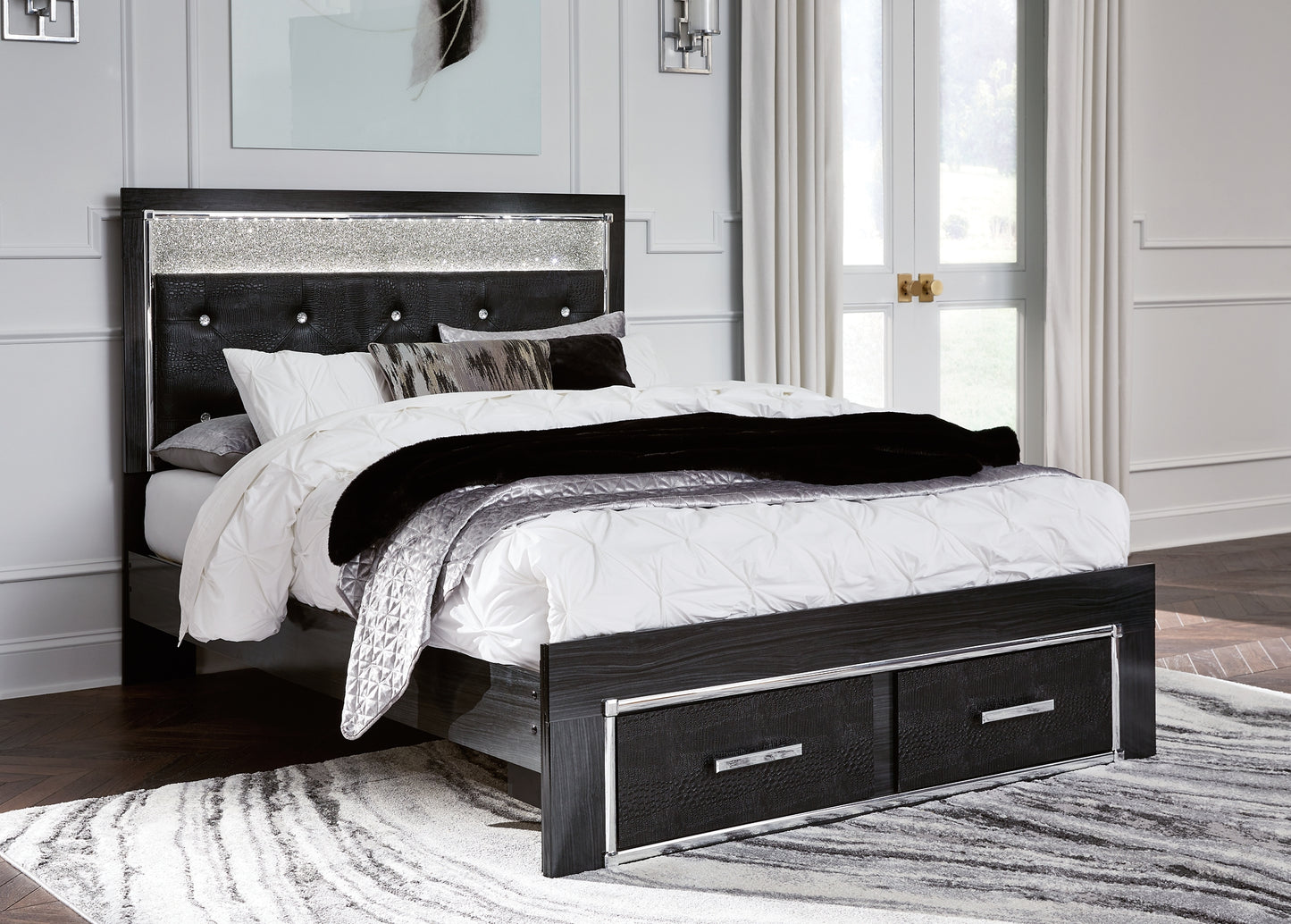 Kaydell  Upholstered Panel Storage Bed With Mirrored Dresser