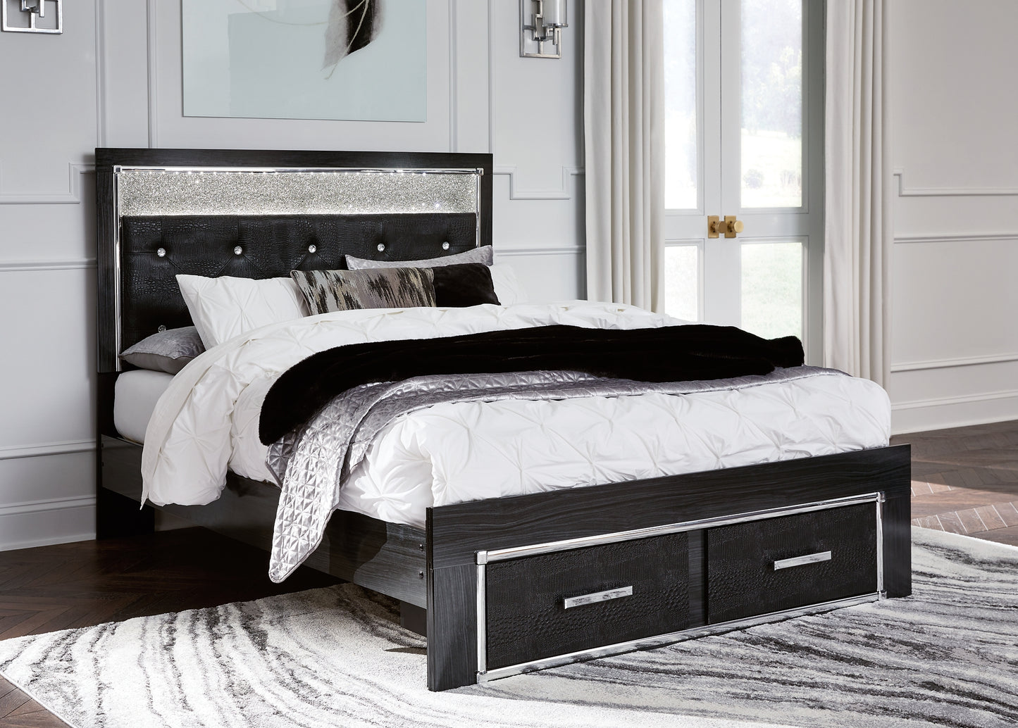 Kaydell  Upholstered Panel Storage Platform Bed With Mirrored Dresser, Chest And Nightstand